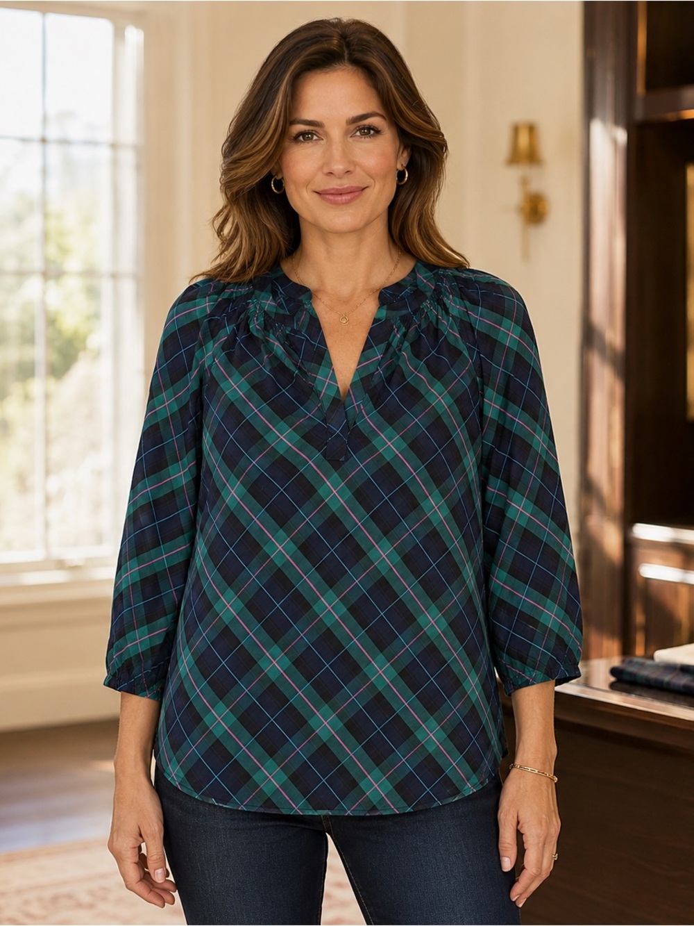 Crown & Ivy Plaid V-Neck Women's Top 3/4 sleeve New XS